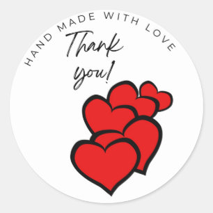 Sticker Rond Fabriqué avec amour merci coeurs rouges Autocollan