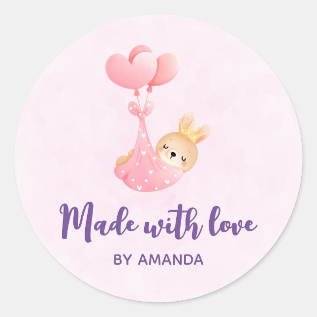 Sticker Rond Fabriqué avec amour mignon lapin bébé dans une cou (Devant)