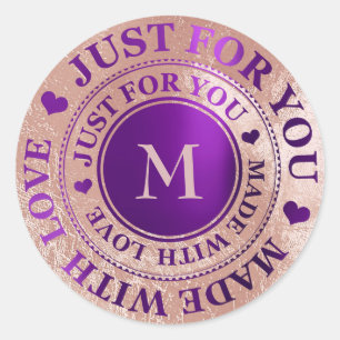 Sticker Rond Fabriqué Avec Amour Monogramme Rose Or Améthyste V