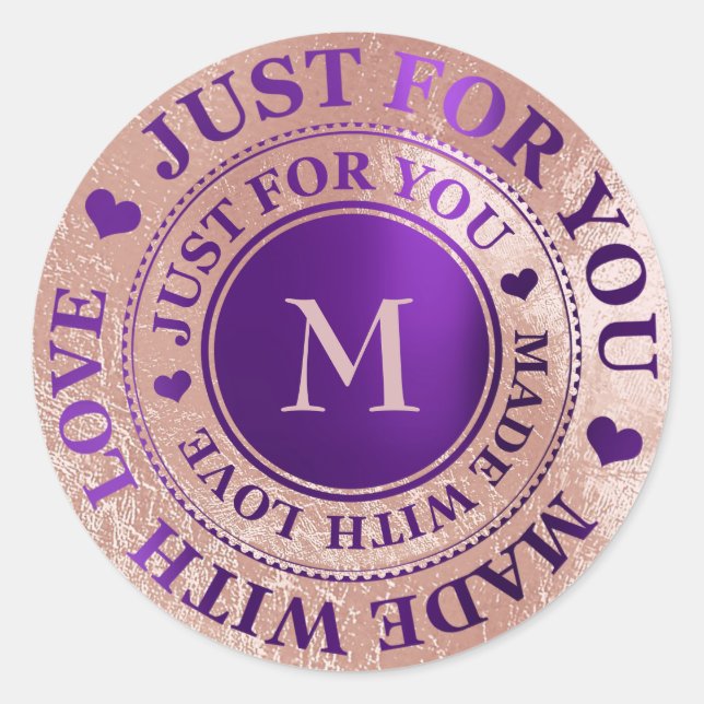 Sticker Rond Fabriqué Avec Amour Monogramme Rose Or Améthyste V (Devant)