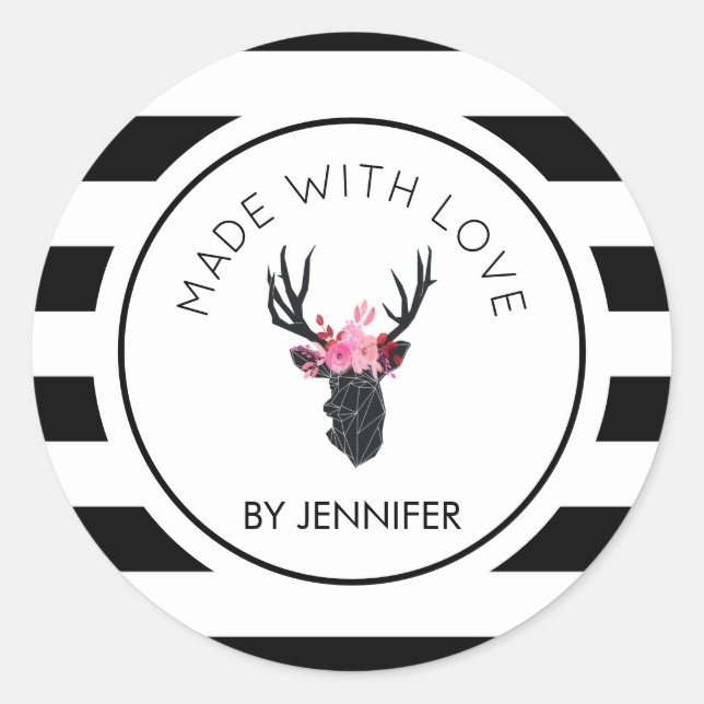 Sticker Rond Fabriqué avec amour Motif Geometry Deer Head (Devant)