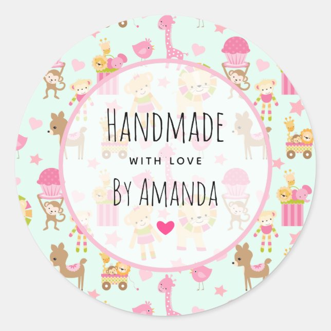 Sticker Rond Fabriqué avec amour Motif mignon avec des animaux  (Devant)