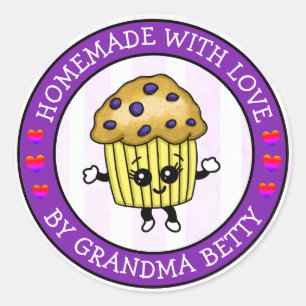 Sticker Rond Fabriqué avec amour, muffins aux bleuets faits mai