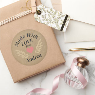 Sticker Rond Fabriqué avec amour Nom personnalisé