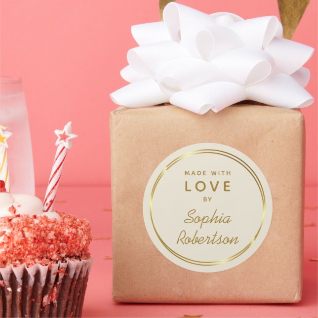Sticker Rond Fabriqué avec amour Or personnalisé et crème (Fête)