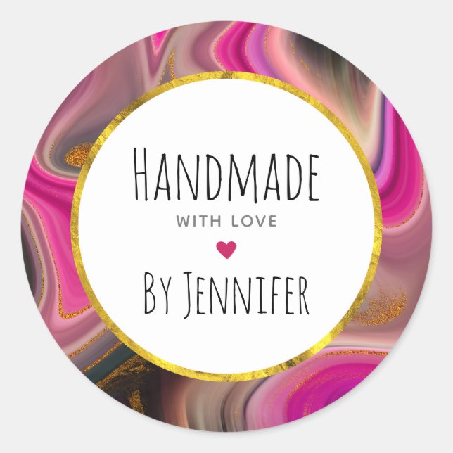 Sticker Rond Fabriqué avec amour rose, noir, or Abstrait (Devant)