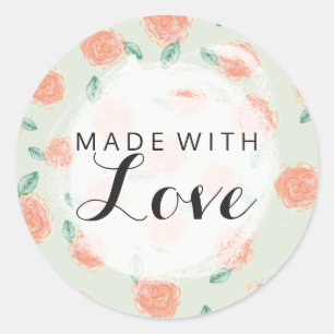 Sticker Rond Fabriqué Avec Amour Roses De Corail Chic Shabby Su