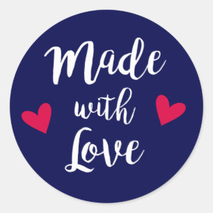 Sticker Rond Fabriqué avec amour rouge et blanc coeurs autocoll