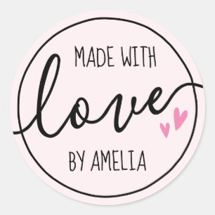 Sticker Rond Fabriqué avec coeur d'amour nom personnalisé rose