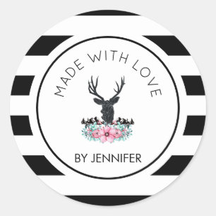 Sticker Rond Fabriqué avec la Tête de Cerf Amoureux avec Fleurs