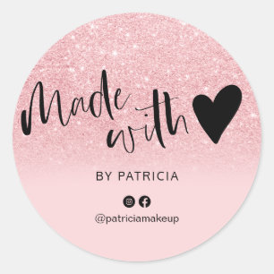 Sticker Rond Fabriqué avec l'amour script rose parties scintill