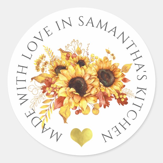 Sticker Rond Fabriqué Avec L'Amour Tournesol (Devant)