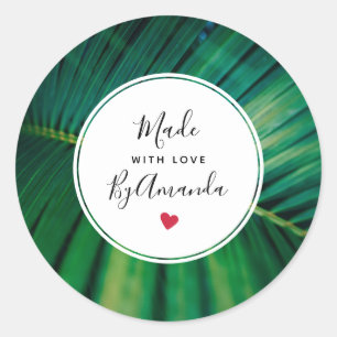 Sticker Rond Fabriqué avec l'amour Vert Feuille Tropicale Photo