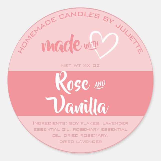 Sticker Rond Fabriqué avec Love Heart Candles Emballage Rose ro (Devant)