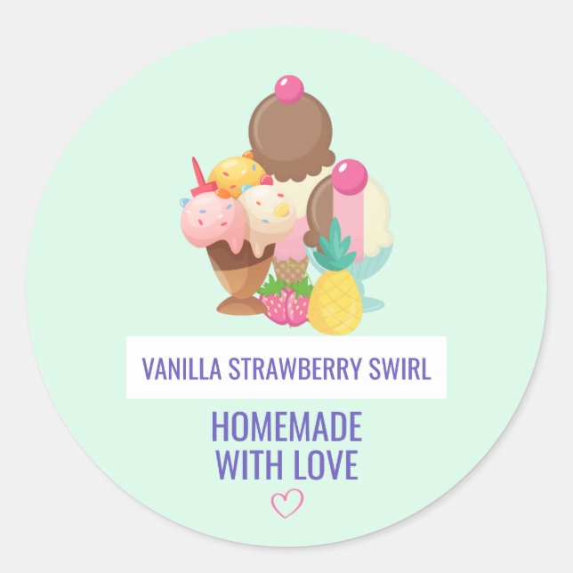 Sticker Rond Fabriqué maison avec amour crème glacée Scoops ave (Devant)
