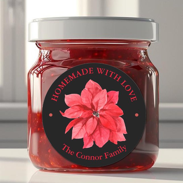 Sticker Rond Fabriqué maison avec amour Noël Floral (Homemade With Love Christmas Poinsettia 3" Round Black Stickers)