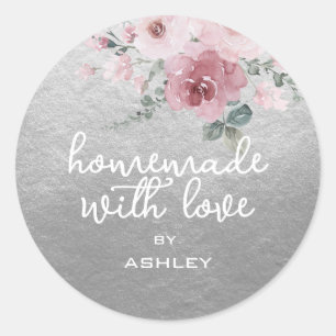Sticker Rond Fabriqué maison avec amour Rose Floral cadeau de s