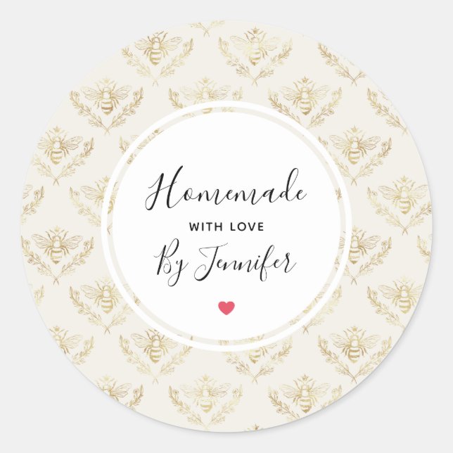 Sticker Rond Fabriqué maison avec l'amour Golden Bumble Bee ave (Devant)