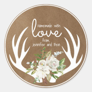 Sticker Rond Fabriqué Maison Avec Love Kraft Papier Boho Antler
