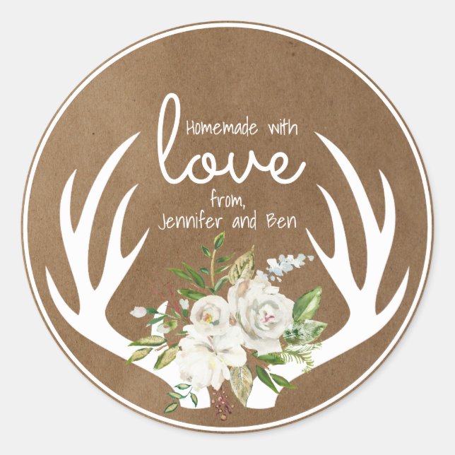 Sticker Rond Fabriqué Maison Avec Love Kraft Papier Boho Antler (Devant)