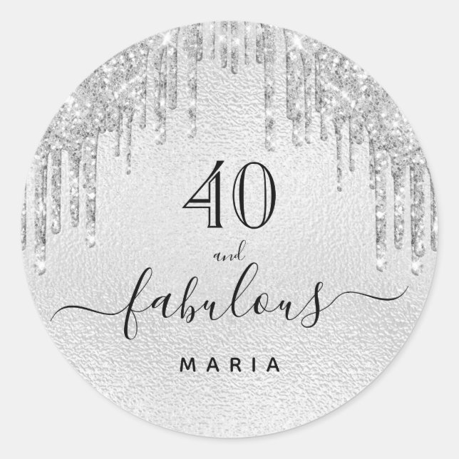 Sticker Rond Fabuleux anniversaire parties scintillant argent (Devant)
