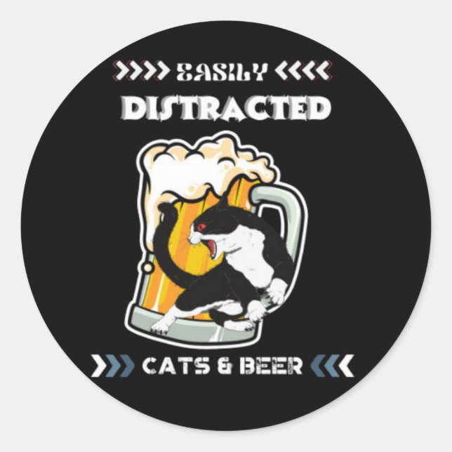Sticker Rond Facilement Distrait Par Les Chats Et La Bière (Devant)