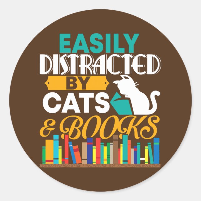 Sticker Rond Facilement Distrait Par Les Chats Et Livres Livre  (Devant)