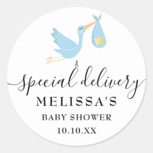 Sticker Rond Faire livrer une cigogne Bébé garçon Douche Saupou