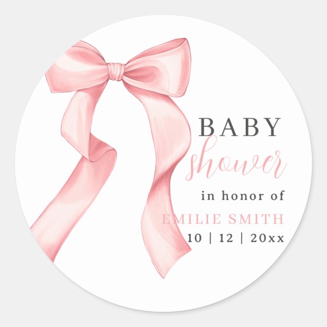 Sticker Rond Faire-part de Baby Shower avec Nœud Rose, Coquette (Devant)