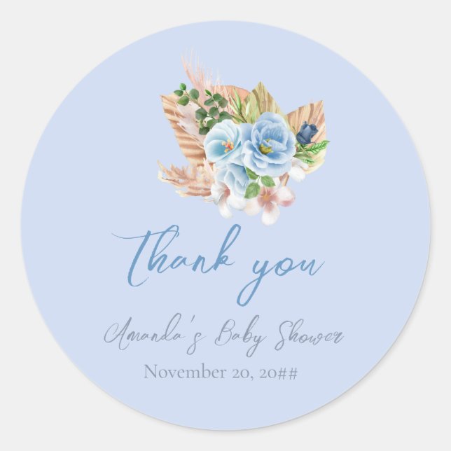 Sticker Rond Faire part de Baby Shower Boho Blue Herbe de Pampa (Devant)