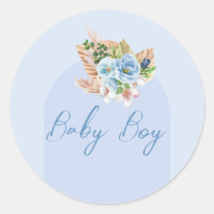 Sticker Rond Faire part de Baby Shower Boho Blue Herbe de Pampa