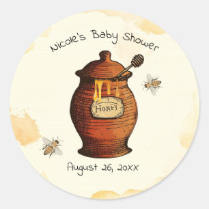 Sticker Rond Faire-part de Baby Shower Vintage Pot de Miel Abei
