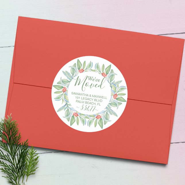 Sticker Rond Faire-part de déménagement de Noël (Christmas return address labels watercolor green & red botanical art Victoria Grigaliunas VG Invites)
