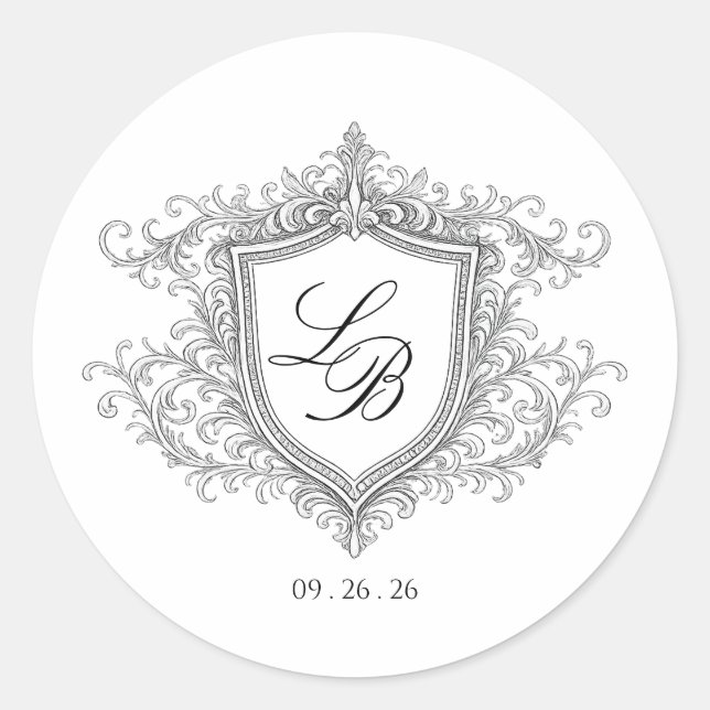 Sticker Rond Faire-part de mariage à monogramme avec blason Ele (Devant)