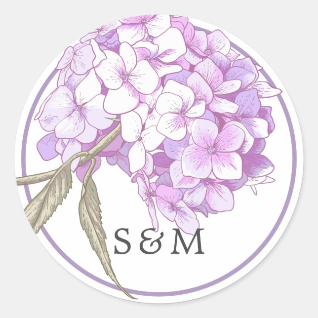 Sticker Rond Faire-part de mariage à monogramme floral pourpre (Devant)