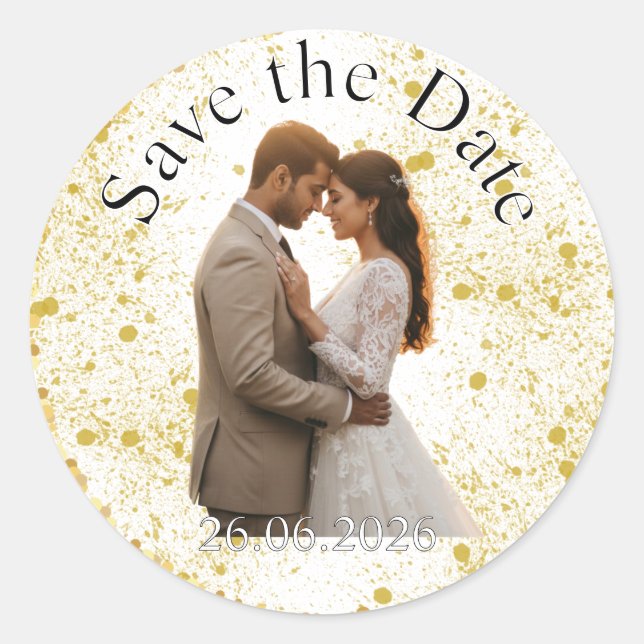 Sticker Rond Faire-part de mariage à paillettes dorées (Devant)