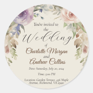 Sticker Rond Faire-part de mariage floral peint