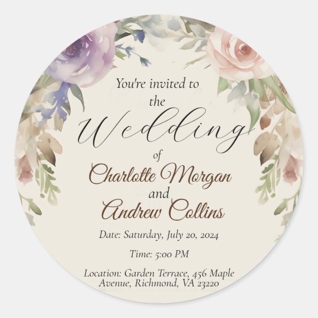 Sticker Rond Faire-part de mariage floral peint (Devant)