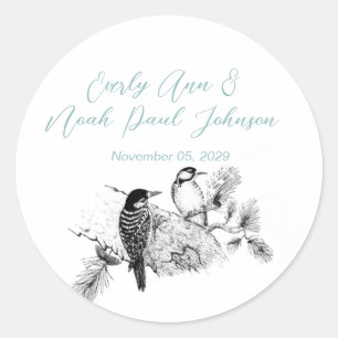 Sticker Rond Faire-Part de Mariage Oiseaux de l'Amour Vintage
