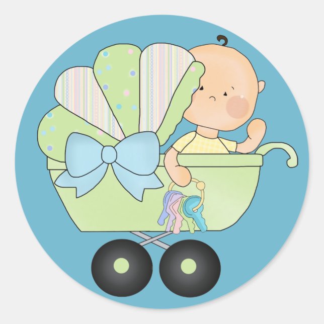 Sticker Rond Faire-Part de Naissance Bébé+Fair Bébé Mignon/Bleu (Devant)