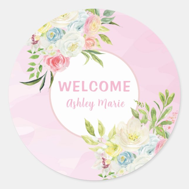 Sticker Rond Faire-part de naissance Fleurs aquarelle rose pers (Devant)