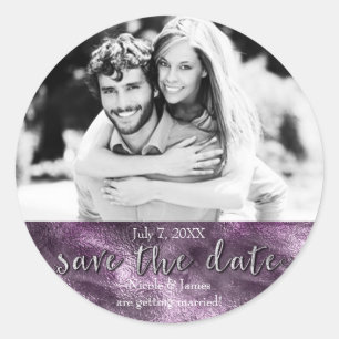 Sticker Rond Faire-Part de Photo Glamour Chic en Faux-Foil Viol