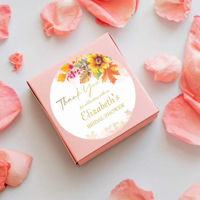 Sticker Rond Faire tomber l'invitation de douche de mariage de  (Fall bridal shower sunflowers autumn foliage thank you favor gift stickers)