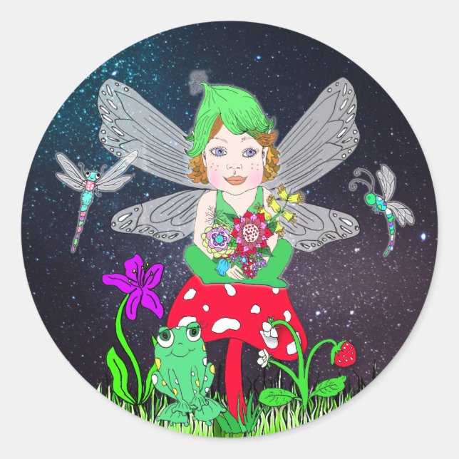 Sticker Rond Fairy Elf Girl assis sur le champignon magique (Devant)