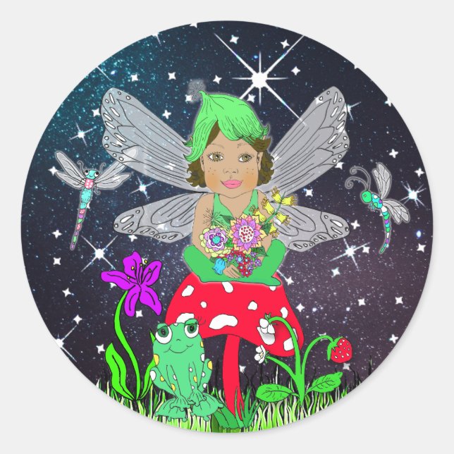 Sticker Rond Fairy Elf Girl assis sur le champignon magique (Devant)