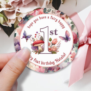 Sticker Rond Fairy First Birthday Enchanted Butterfly Garden