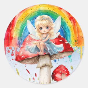 Sticker Rond Fairy Mushroom Paint Rainbow Girl Anniversaire