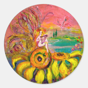 Sticker Rond FAIRY OF THE SUNFLOWERS jaune rose noir
