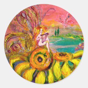 Sticker Rond FAIRY OF THE SUNFLOWERS jaune rose noir