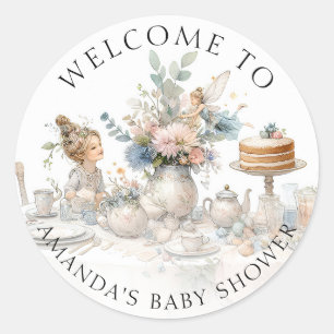 Sticker Rond Fairy Tea Party Floral Welcome Baby Girl Douche